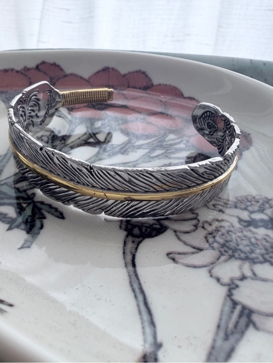 Jewelry - Silver and Gold Colored Metal Feather Cuff Bracelet with Gold Accent